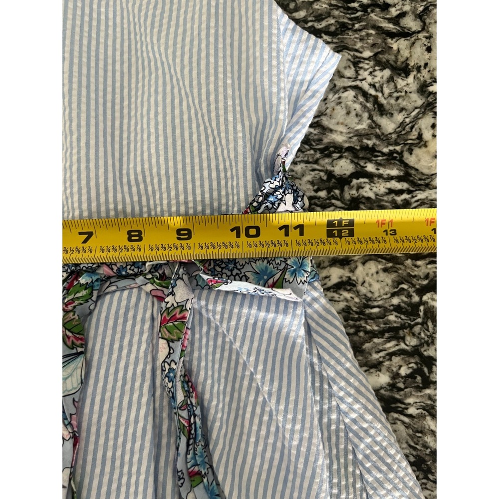 Rare Editions Dress Girls 10 Blue White Striped Seersucker Floral Bow Tie Waist - Picture 4 of 5